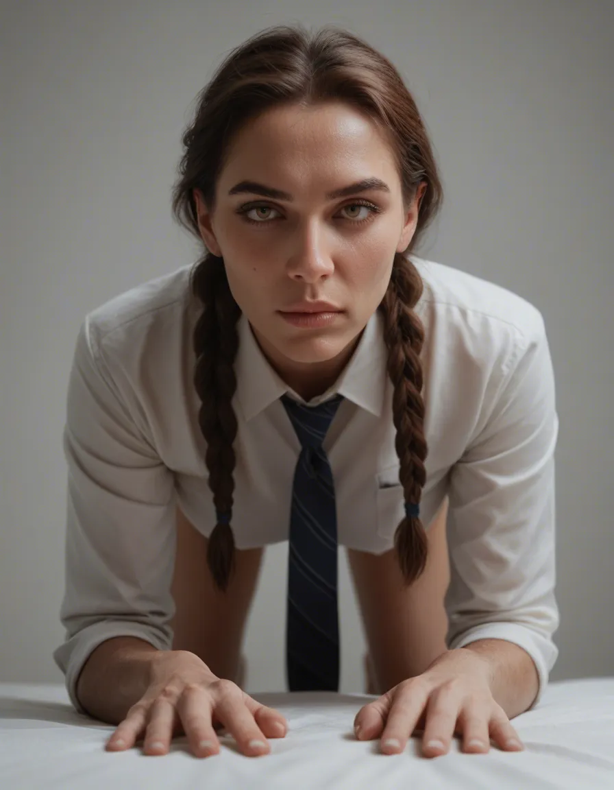 professional photo, high detail, 1woman, twin braids, necktie, on all fours, lifelike render, score_9, score_8, candid photo, realistic skin texture, visible skin pores, film grain, depth of field