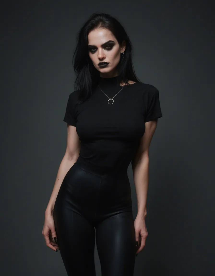 Goth futanari, score_9, score_8, candid photo, realistic skin texture, visible skin pores, film grain, depth of field
