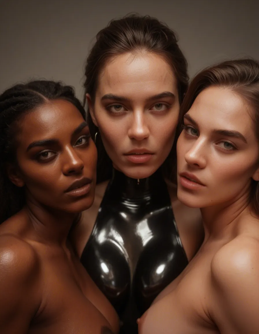 cinematic photo, 8k, 3women, ebony Brown Skin ,  sex in Latex , , natural skin texture hyperrealistik , fuck with dildos, score_9, score_8, candid photo, realistic skin texture, visible skin pores, film grain, depth of field