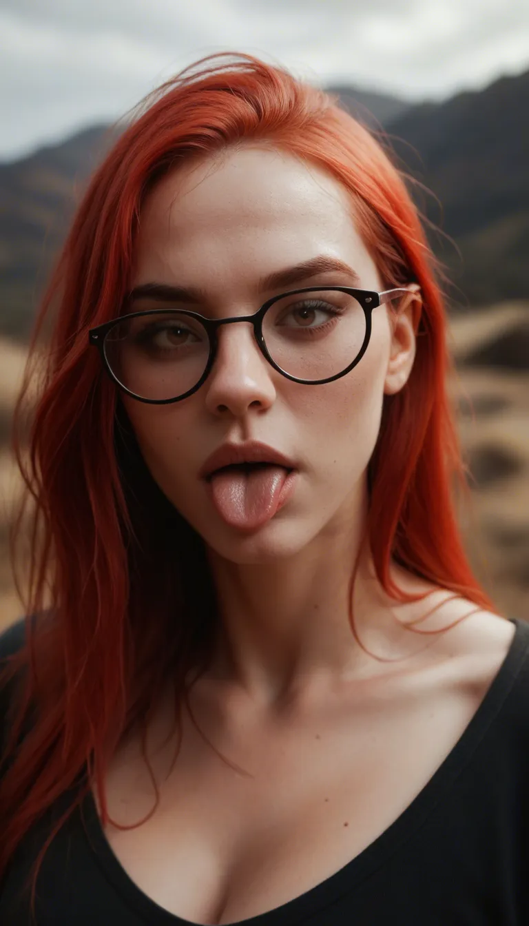 • Hair & Face: She has long, strikingly bright red hair with straight bangs. She wears black glasses with round lenses and playfully sticks out her tongue.

• Clothing: She is dressed in sportswear, consisting of a black sports bra (bustier) with a zipper in the front and tight-fitting, heather gray leggings with perforated details on the sides. She is barefoot.

• Tattoos & Jewelry: A large, colorful tattoo is visible on her left hip. She also has a navel piercing and wears a black smartwatch on her right wrist.

She Opens the Zipper of her bra , Take it Off and presenting her bare breasts. Pull down her pants and Show her pussy