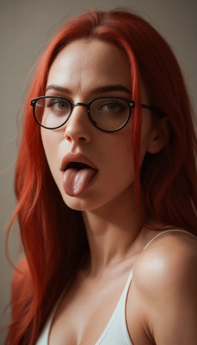 • Hair & Face: She has long, strikingly bright red hair with straight bangs. She wears black glasses with round lenses and playfully sticks out her tongue.

• Tattoos & Jewelry: A large, colorful tattoo is visible on her left hip. She also has a navel piercing and wears a black smartwatch on her right wrist.

nude , medium_breasts , shaved pussy ,