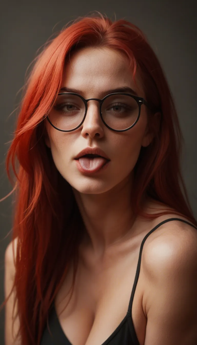 • Hair & Face: She has long, strikingly bright red hair with straight bangs. She wears black glasses with round lenses and playfully sticks out her tongue.

• Tattoos & Jewelry: A large, colorful tattoo is visible on her left hip. She also has a navel piercing and wears a black smartwatch on her right wrist.

nude , medium_breasts , shaved pussy , full_body