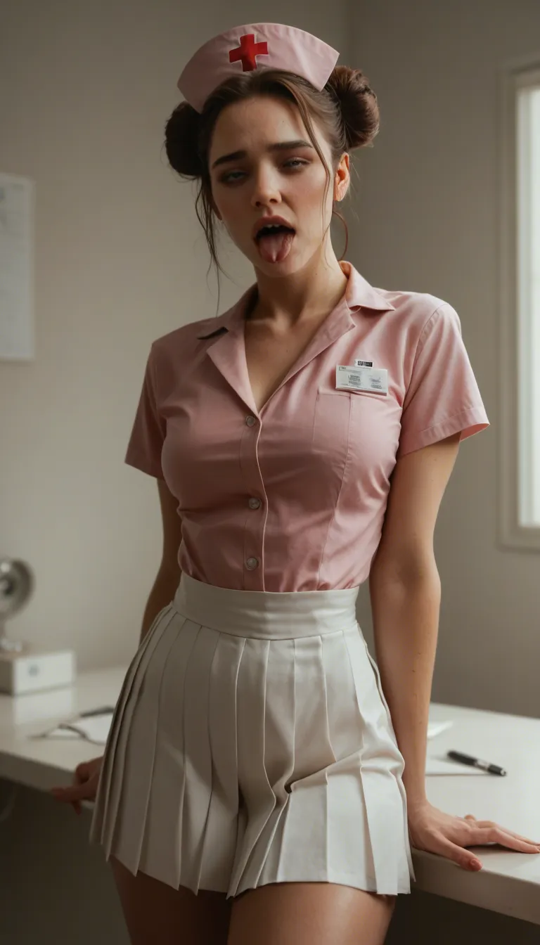 dslr, film grain, photorealistic, nurse, double bun, pleated skirt, ahegao, lifelike render