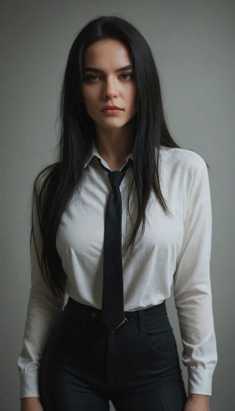 POV: 30 year old European woman with black hair, straight hair, very long hair wearing black trousers, wearing black long tie, wearing white shirt, wearing black buisness jacket is fucking me in cowgirl pose, she is sitting on a big dick, when they cum