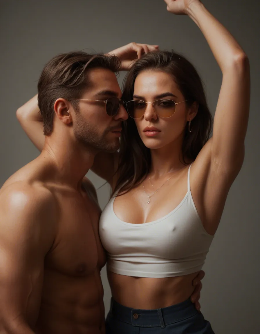 ultra HD, lifelike, couple, sunglasses, skirt, arms up, creampie, portrait, golden hour, studio photo, score_9, score_8, candid photo, realistic skin texture, visible skin pores, film grain, depth of field