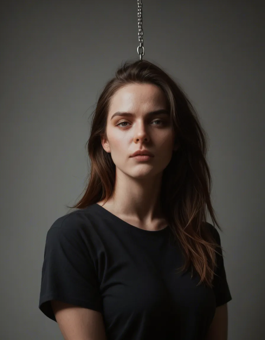 dslr, film grain, photorealistic, solo female, floating hair, shirt, bondage, ambient glow, lifelike render, score_9, score_8, candid photo, realistic skin texture, visible skin pores, film grain, depth of field