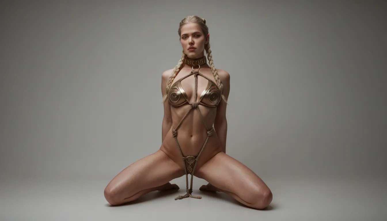 ultra HD, platin blonde long hair ,female 25 Year, hutt leia slave outfit , collar, rope kneeling , sexually_suggestive , full_body, spread_legs, braided_bangs, score_9, score_8, candid photo, realistic skin texture, visible skin pores, film grain, depth of field