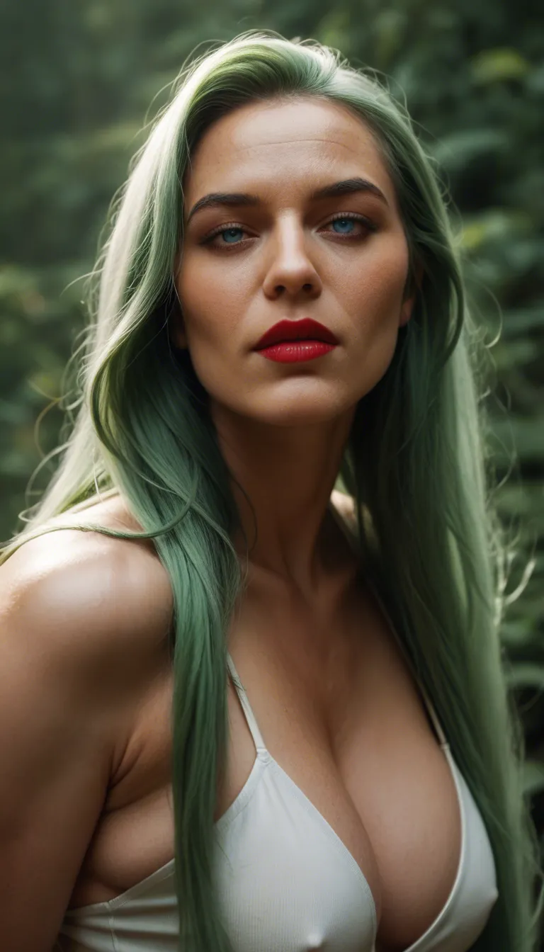 studio quality, sharp focus, voluptuous beautiful milf with huge beasts and elven ears  she has very long hair, green hair, 
lipstick, blue eye liner and is happy with big smile, she fingers herself and cums