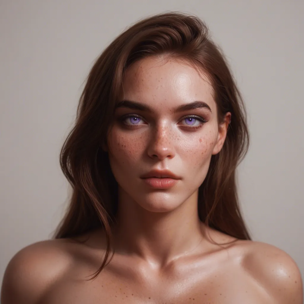 Novena has long, naturally wavy dark-brown hair, freckles across her cheeks and nose, expressive features, and striking heterochromia—one bright blue eye and one deep violet-purple eye. She has a voluptuous, feminine figure and a naturally alluring, attractive appearance. She has 36 G cup size breasts and is wearing a seductive top showing cleavage, score_9, score_8, candid photo, realistic skin texture, visible skin pores, film grain, depth of field