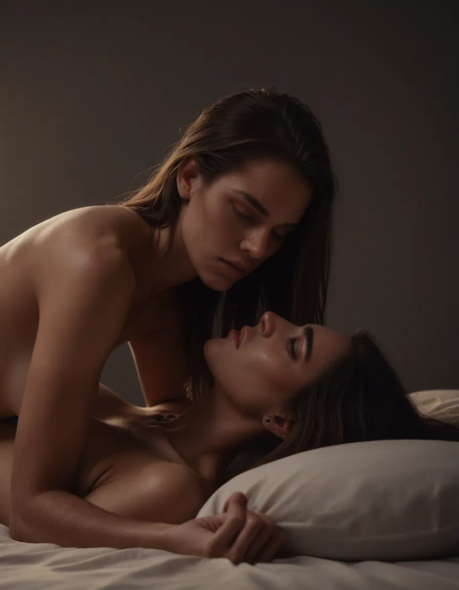 Dimly lit luxurious bedroom, dominant man holding a woman's wrists above her head against the headboard, her body arched, intense mutual desire, silk sheets, soft erotic shadows, highly detailed faces and skin, cinematic dark romance style, photorealistic, score_9, score_8, candid photo, realistic skin texture, visible skin pores, film grain, depth of field