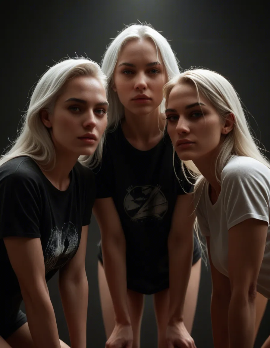 8k, sharp focus, detailed skin, 3girls, white hair, shirt, bent over, dramatic lighting, hyperrealistic, score_9, score_8, candid photo, realistic skin texture, visible skin pores, film grain, depth of field