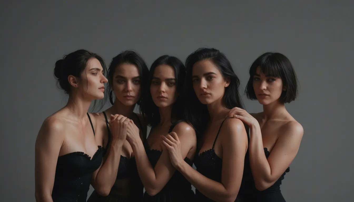 masterpiece, best quality, 4women, hands up, black hair, frills, standing sex, grey background, portrait, ambient glow, clean lineart