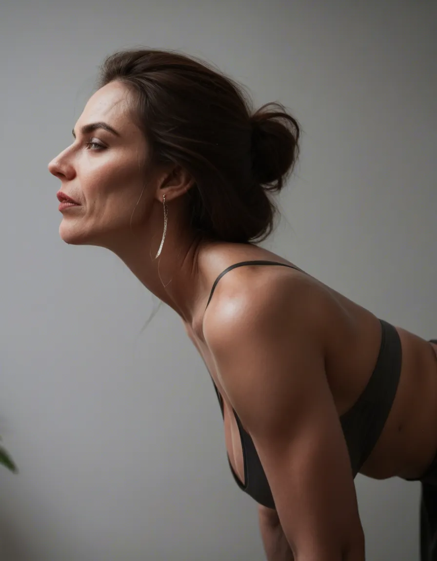 professional photo, high detail, side view, milf, bent over, cleavage, wild energy, dslr quality, score_9, score_8, candid photo, realistic skin texture, visible skin pores, film grain, depth of field
