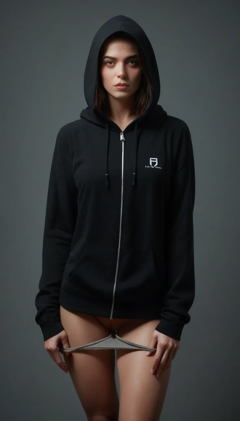 A tall, alluring female special operative with fair skin, wearing a short black zip-up hoodie and grey lace panties pulled to the side; she has a voluptuous figure with a large bust and buttocks, and is wearing prescription glasses and a call-center headset; the setting is a bathroom, with big man use penis fucking pussy standing doggy