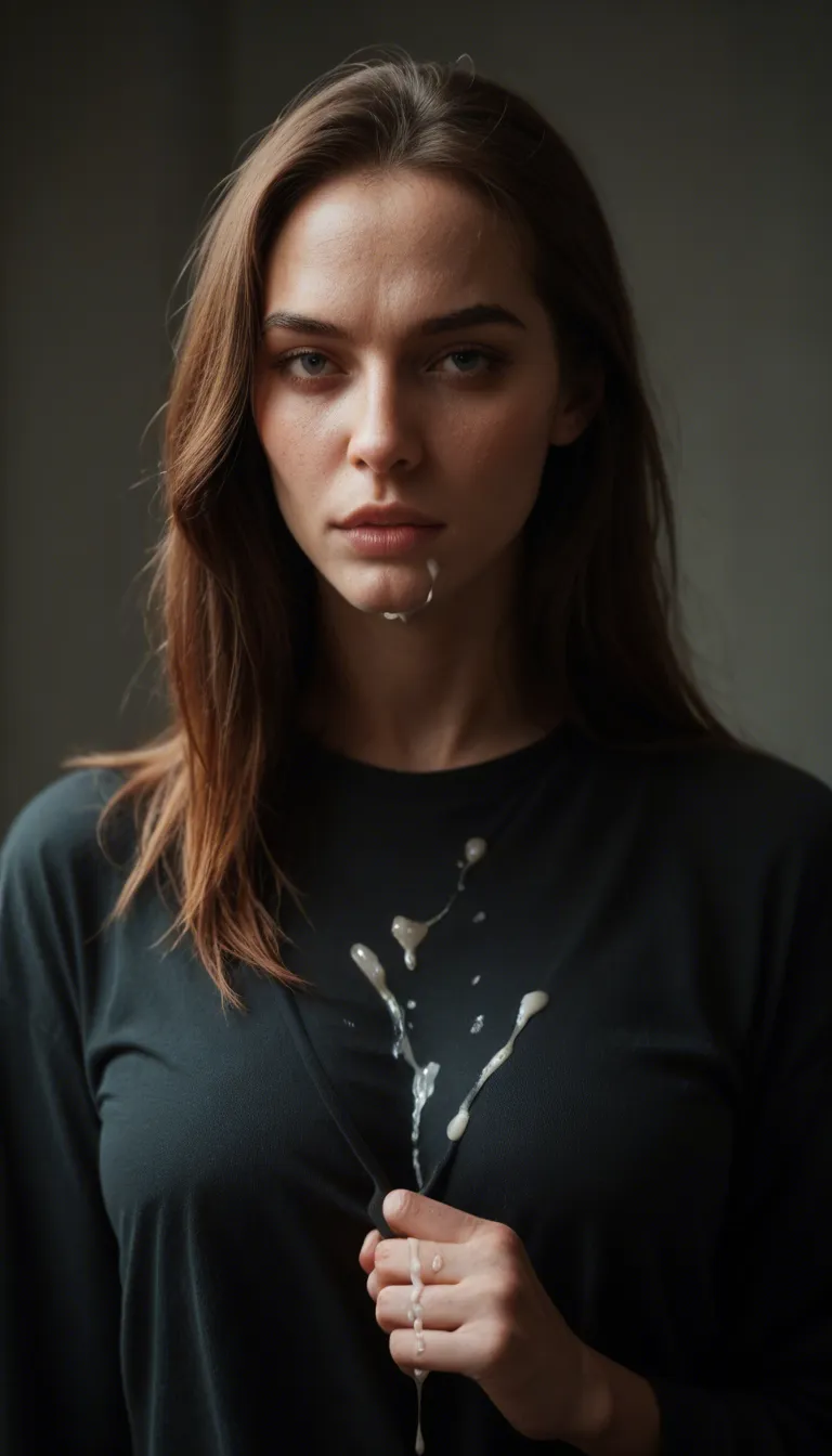 A woman wearing clothes drenched in cum