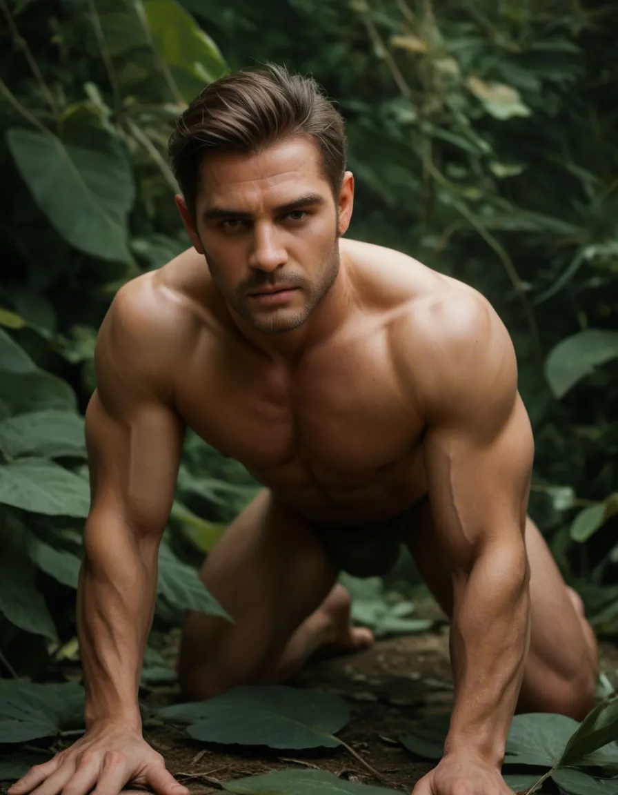 RAW photo, ultra realistic, medium shot, male focus, on all fours, abs, leaf, cinematic realism, score_9, score_8, candid photo, realistic skin texture, visible skin pores, film grain, depth of field