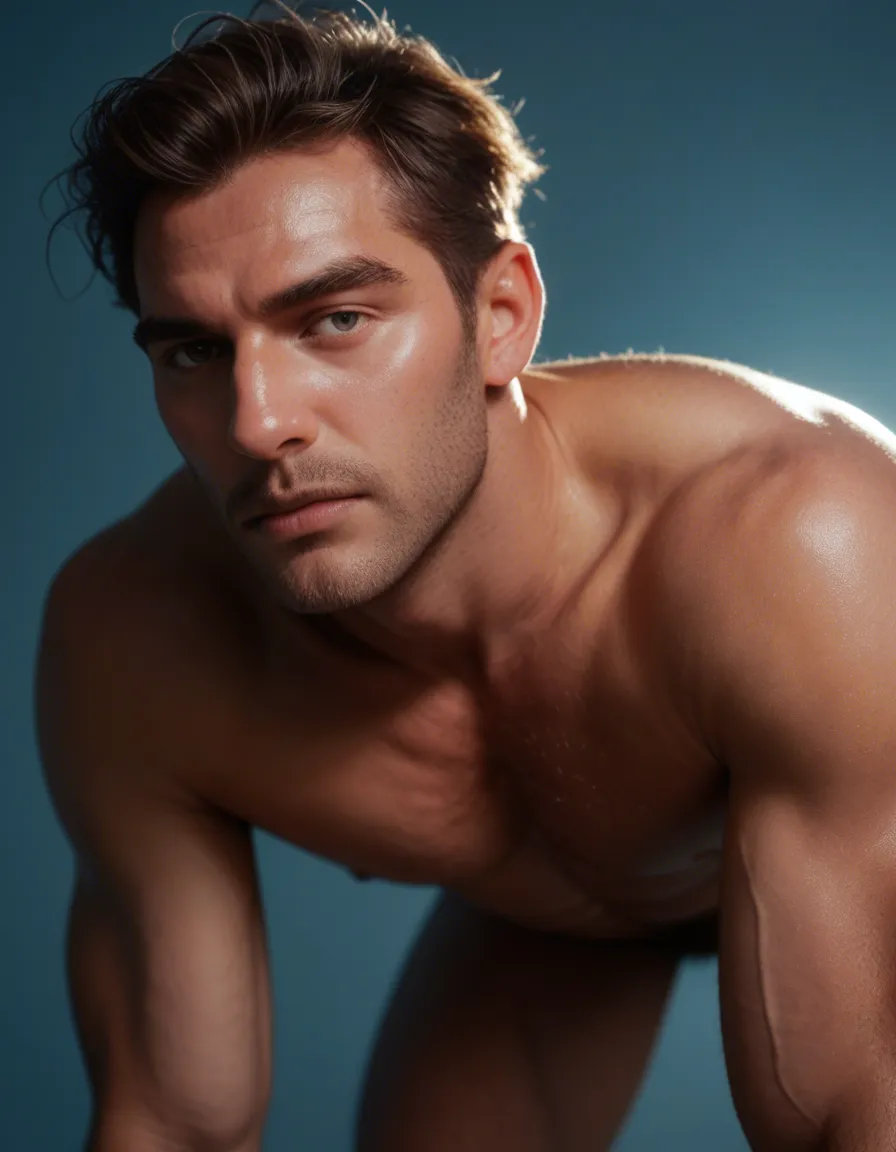 highly detailed, natural lighting, male focus, bent over, shiny skin, blue background, 8k uhd photo, score_9, score_8, candid photo, realistic skin texture, visible skin pores, film grain, depth of field