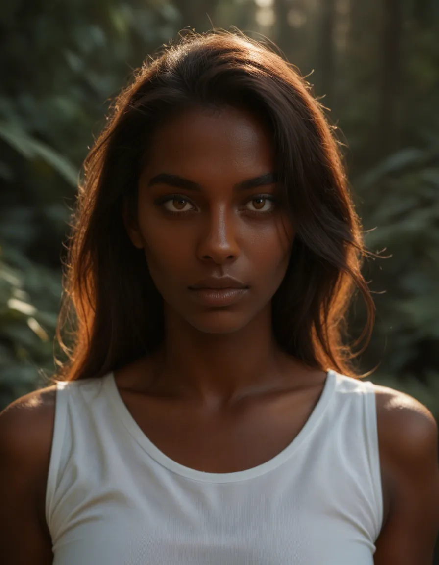 highly detailed, natural lighting, bunny woman, dark-skinned female, white shirt, looking at viewer, fully nude, portrait, photorealistic, score_9, score_8, candid photo, realistic skin texture, visible skin pores, film grain, depth of field