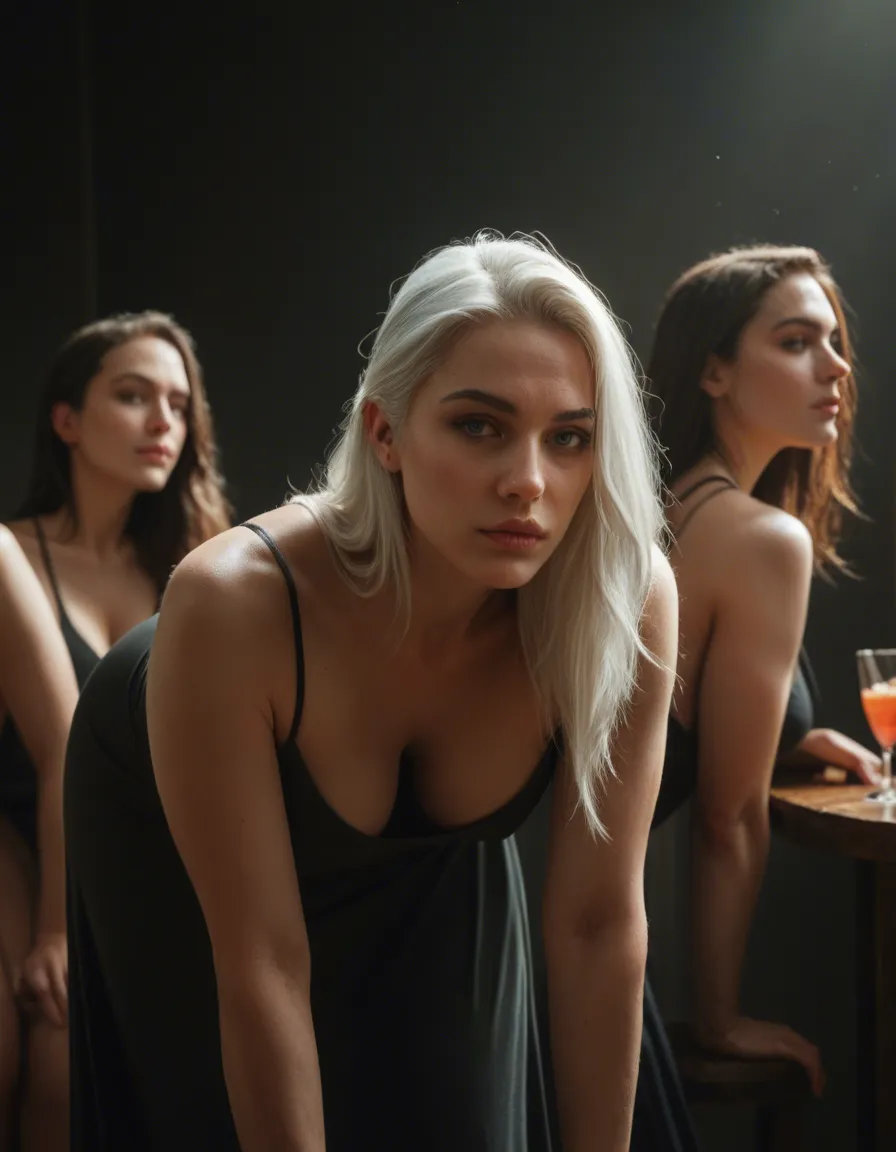 highly detailed, natural lighting, 5girls, white hair, cocktail dress, bent over, cinematic realism, score_9, score_8, amateur photo, phone snapshot, realistic skin texture, skin blemishes, soft indoor lighting