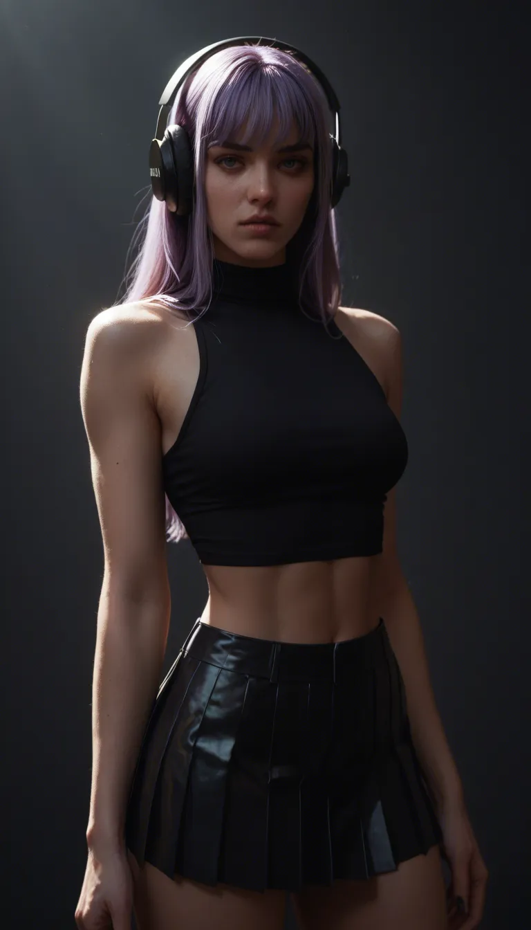 young woman with long lavender-purple hair, black over-ear headphones, black shiny latex crop top and matching pleated mini-skirt keeps dancing energetically in front of the neon “LOOK” sign and grey brick wall.
As she moves, the front of her tight black latex crop top suddenly cracks and splits open down the middle, the material peeling apart to fully reveal her bare breasts. She does not stop or react with surprise — she simply continues the same rhythmic dance, hips swaying, arms moving, shoulders rolling, while her newly exposed breasts bounce freely and naturally in perfect sync with the beat and her body movements.
Keep the identical camera angle, lighting, neon glow, couch in the background, and overall cinematic style. Smooth, continuous motion, realistic physics on the bouncing breasts, no sudden cuts.
