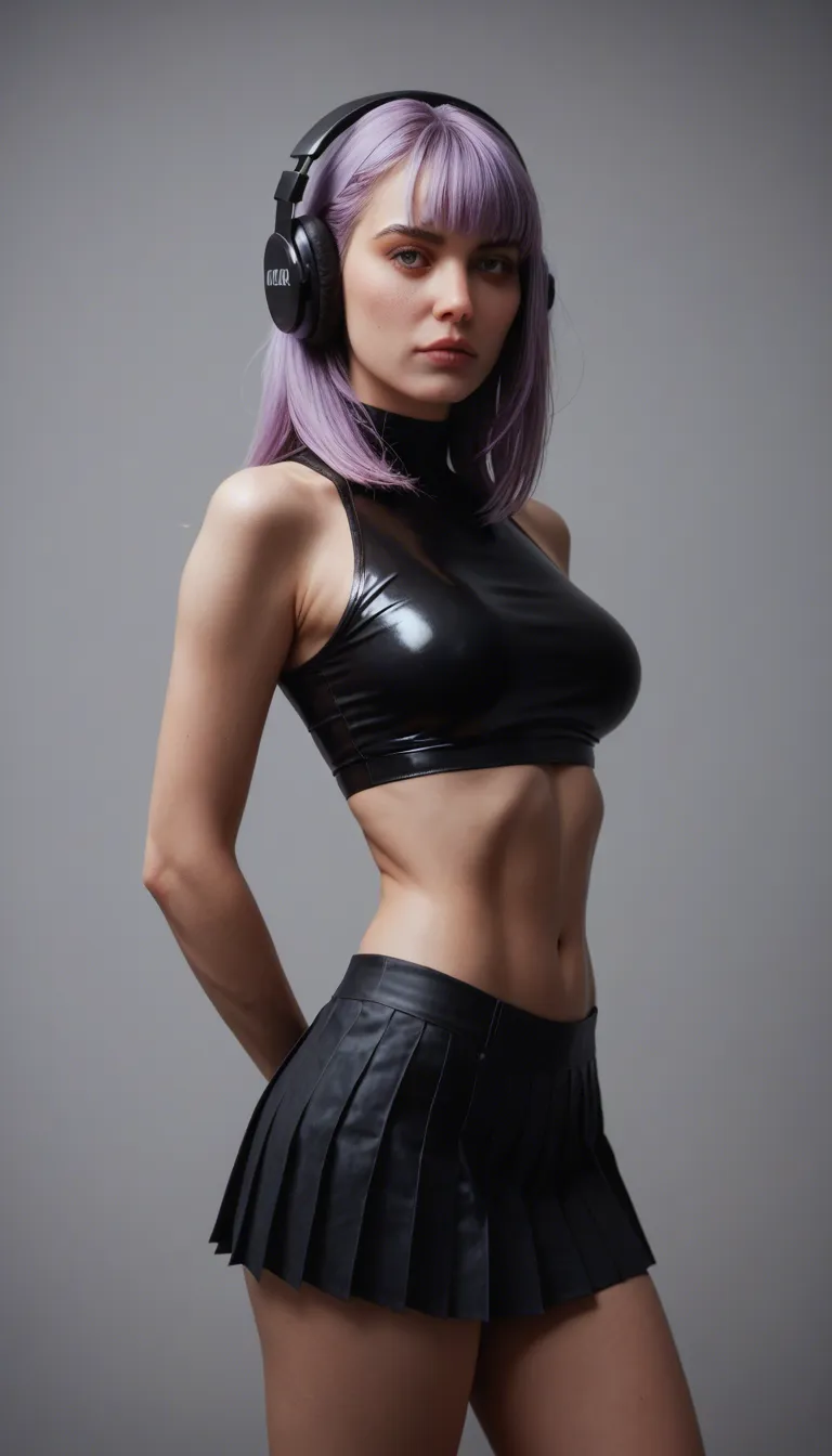 Young woman with long lavender-purple hair, black over-ear headphones, black shiny latex crop top and matching pleated mini-skirt keeps dancing energetically in front of the neon “LOOK” sign and grey brick wall. As she moves, the front of her tight black latex crop top suddenly cracks and splits open down the middle, the material peeling apart to fully reveal her bare breasts. Her skirt falls down as well, leaving her fully exposed.  She does not stop or react with surprise — she simply continues the same rhythmic dance, hips swaying, arms moving, shoulders rolling, while her newly exposed breasts bounce freely and naturally in perfect sync with the beat and her body movements. Keep the identical camera angle, lighting, neon glow, couch in the background, and overall cinematic style. Smooth, continuous motion, realistic physics on the bouncing breasts, no sudden cuts.