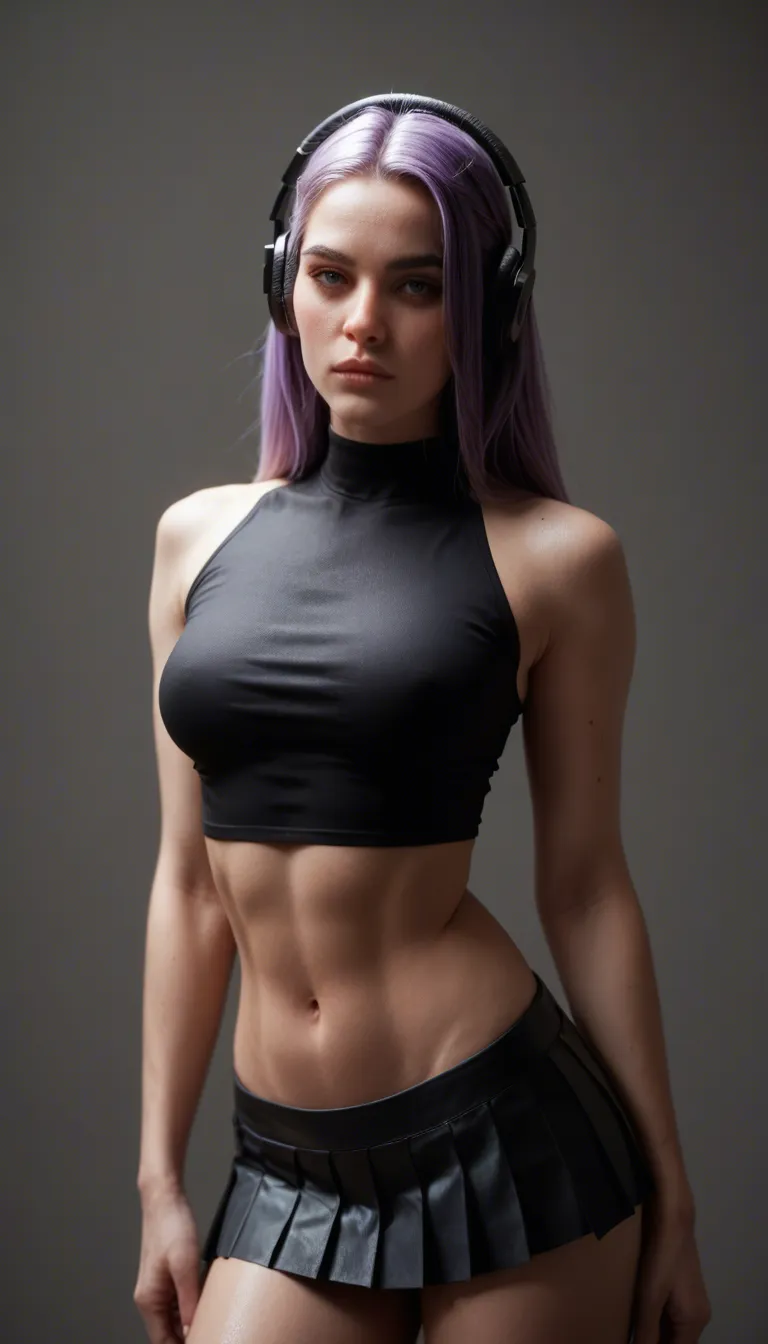 oung woman with long lavender-purple hair, black over-ear headphones, black shiny latex crop top and matching pleated mini-skirt keeps dancing energetically in front of the neon “LOOK” sign and grey brick wall. As she moves, the front of her tight black latex crop top suddenly cracks and splits open down the middle, the material peeling apart to fully reveal her bare breasts. Skirt falls down to the ground exposing her pussy. Ends fully nude. She does not stop or react with surprise — she simply continues the same rhythmic dance, hips swaying, arms moving, shoulders rolling, while her newly exposed breasts bounce freely and naturally in perfect sync with the beat and her body movements. Keep the identical camera angle, lighting, neon glow, couch in the background, and overall cinematic style. Smooth, continuous motion, realistic physics on the bouncing breasts, no sudden cuts.