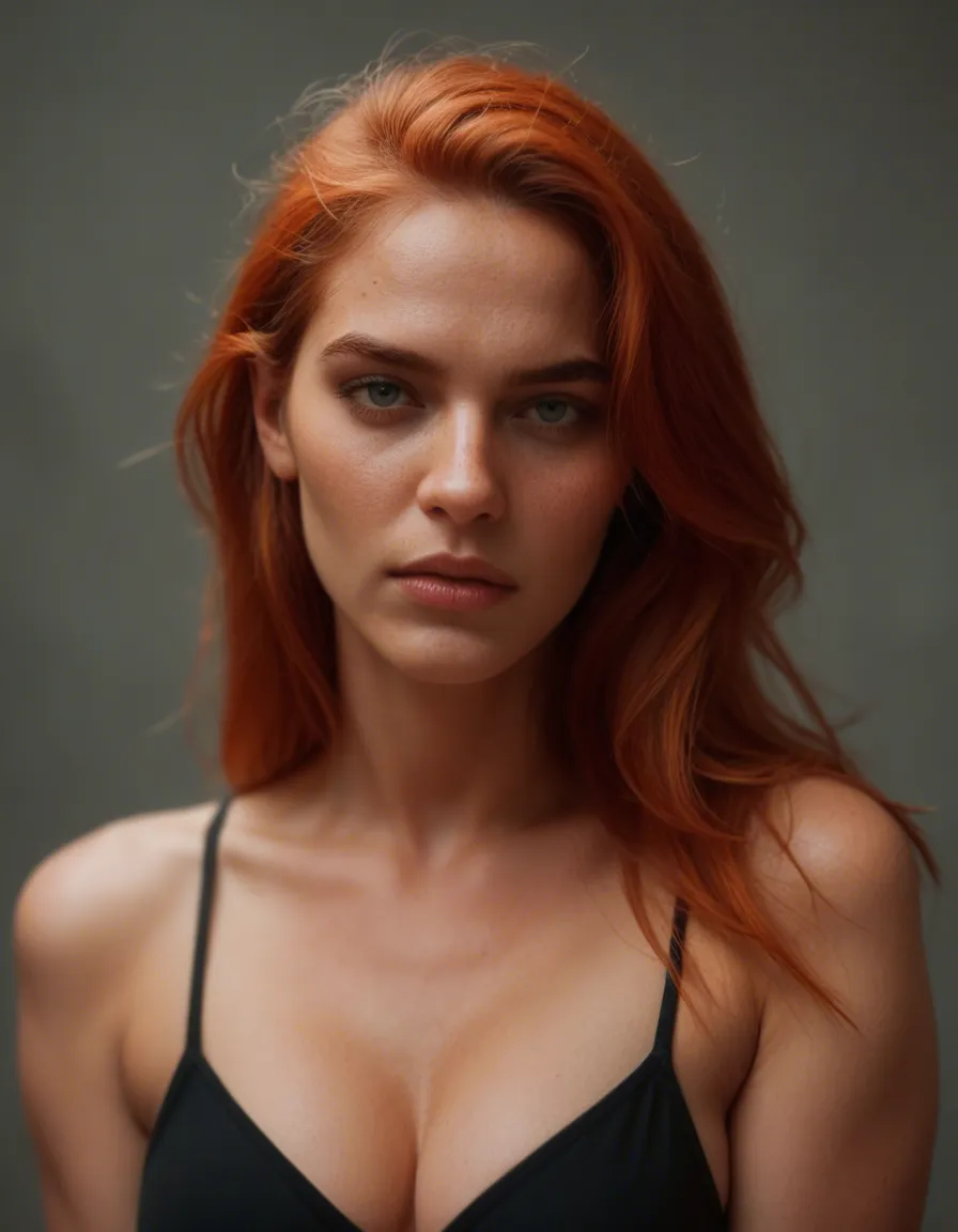 Petite redhead 1girl, score_9, score_8, candid photo, realistic skin texture, visible skin pores, film grain, depth of field