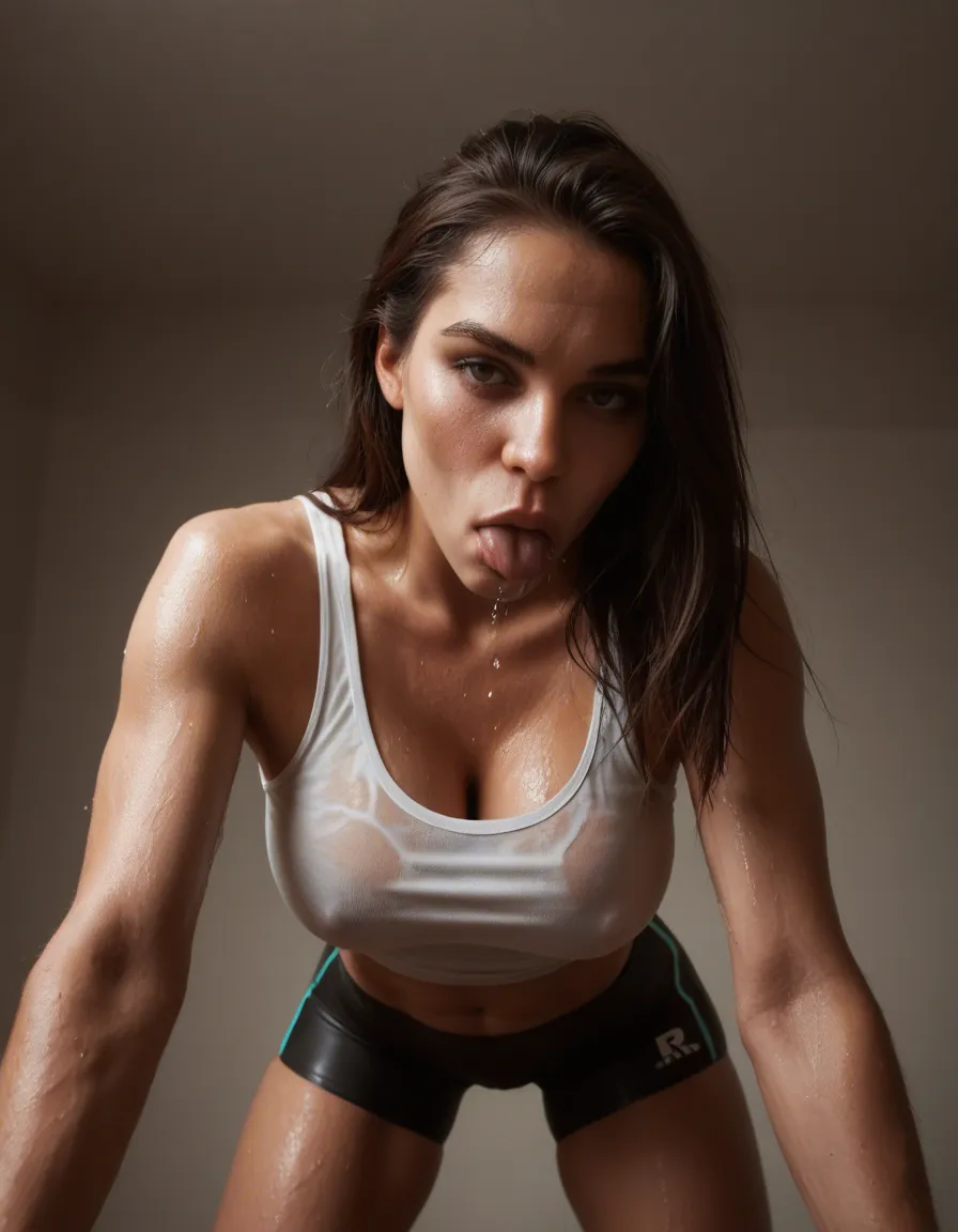 best quality, hyperrealistic, large_breasts, bike_shorts , fellatio , tank_top , wet_clothes, score_9, score_8, amateur photo, phone snapshot, realistic skin texture, skin blemishes, soft indoor lighting