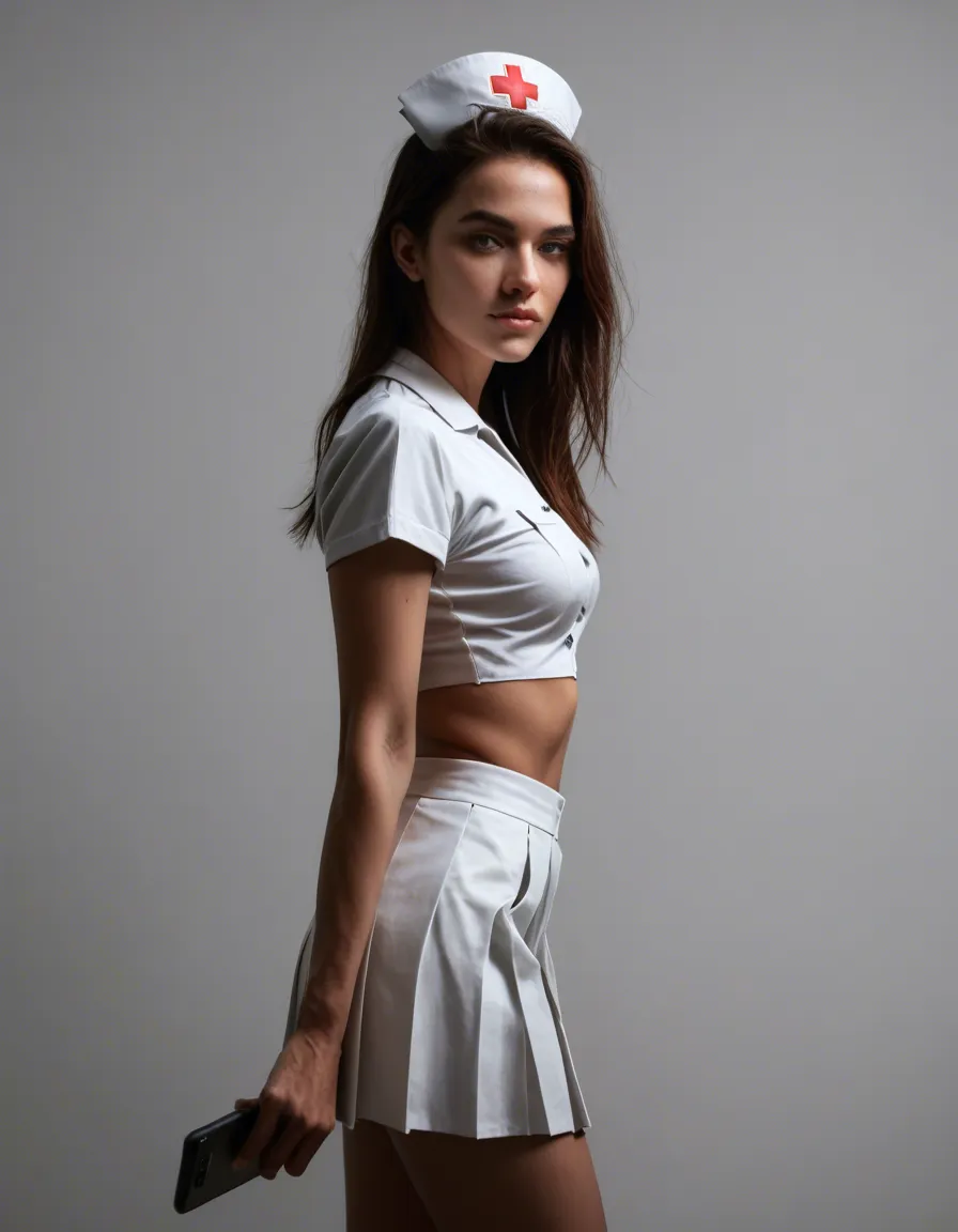casual shot, realistic, side view, nurse, midriff, pleated skirt, presenting, simple background, casual photo, score_9, score_8, amateur photo, phone snapshot, realistic skin texture, skin blemishes, soft indoor lighting
