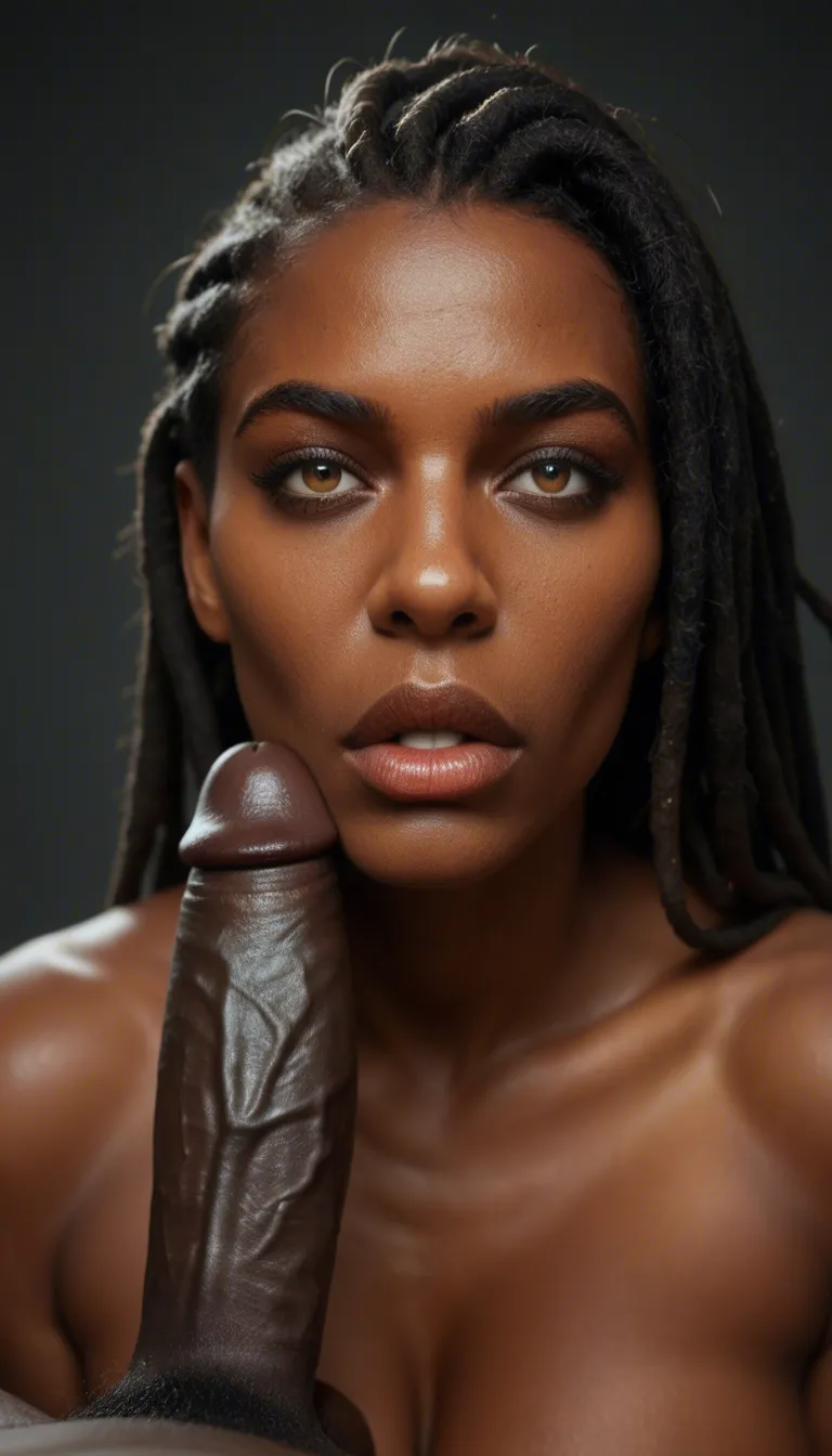Dreadlocks beautiful sexy thick lips enormous breast 19 year old dark dark-skinned_female mature_female, black dick all the way in her throat, having her head held with one hand, having her throat fucked fast and rough, while Cum dripping from her mouth to her chest