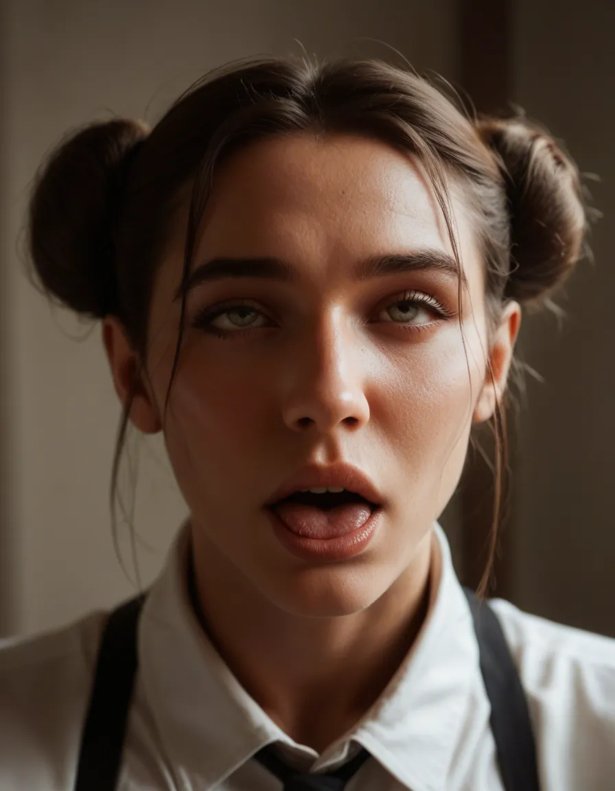 studio quality, sharp focus, maid, double bun, white shirt, ahegao, backlit, natural skin texture, score_9, score_8, candid photo, realistic skin texture, visible skin pores, film grain, depth of field