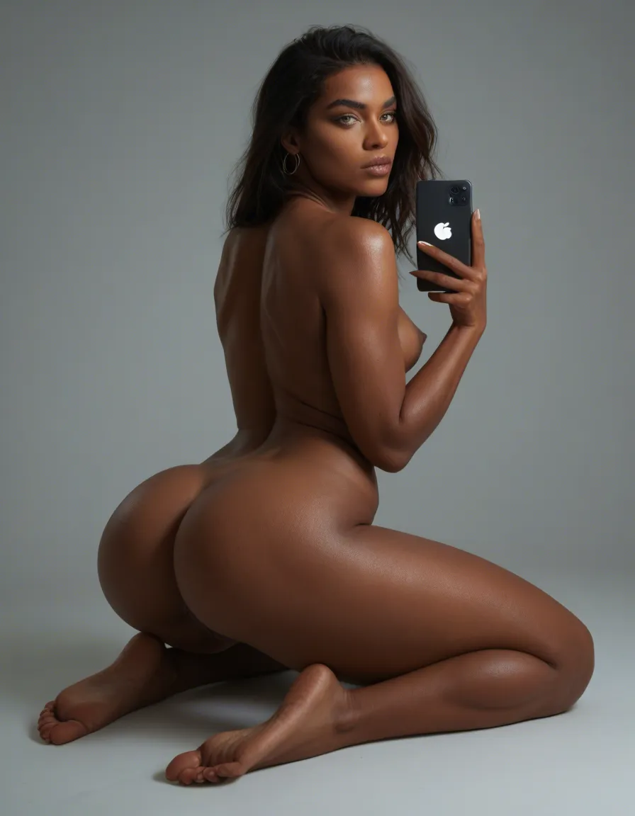 ultra HD, lifelike, green_eyes, dark-skinned_female, small_breasts, solo, nude, full_body, large_penis, huge_ass, curvy, makeup, score_9, score_8, amateur photo, phone snapshot, realistic skin texture, skin blemishes, soft indoor lighting