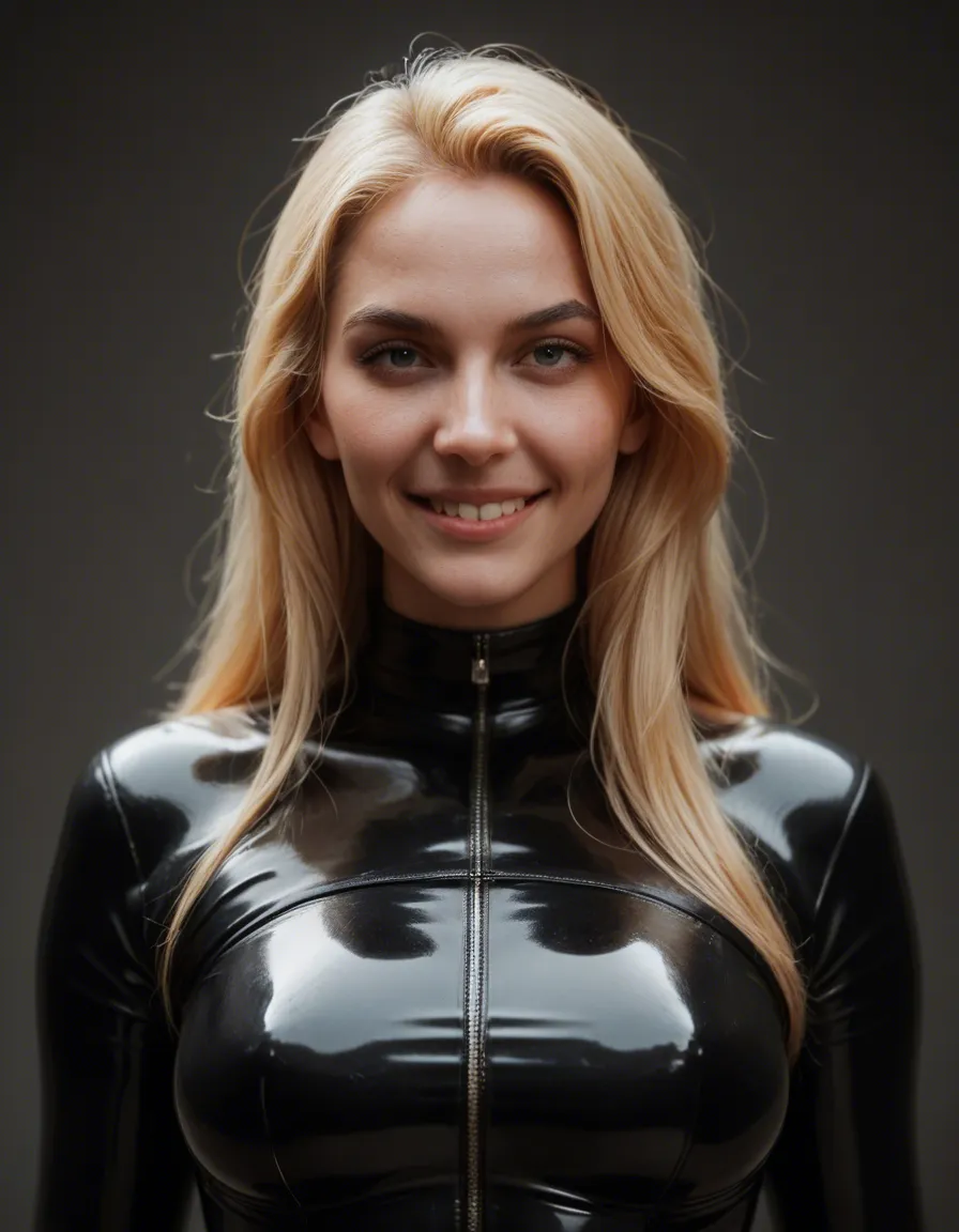 blonde, big tits, black latex dress, smiling., score_9, score_8, candid photo, realistic skin texture, visible skin pores, film grain, depth of field
