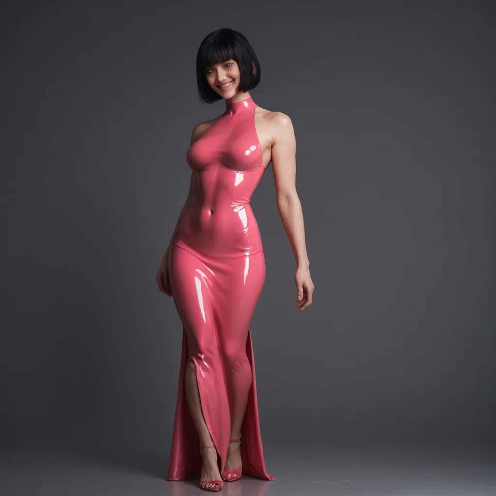 black hair, bob_cut, medium_breasts, pink latex dress, full_body, smile., score_9, score_8, candid photo, realistic skin texture, visible skin pores, film grain, depth of field