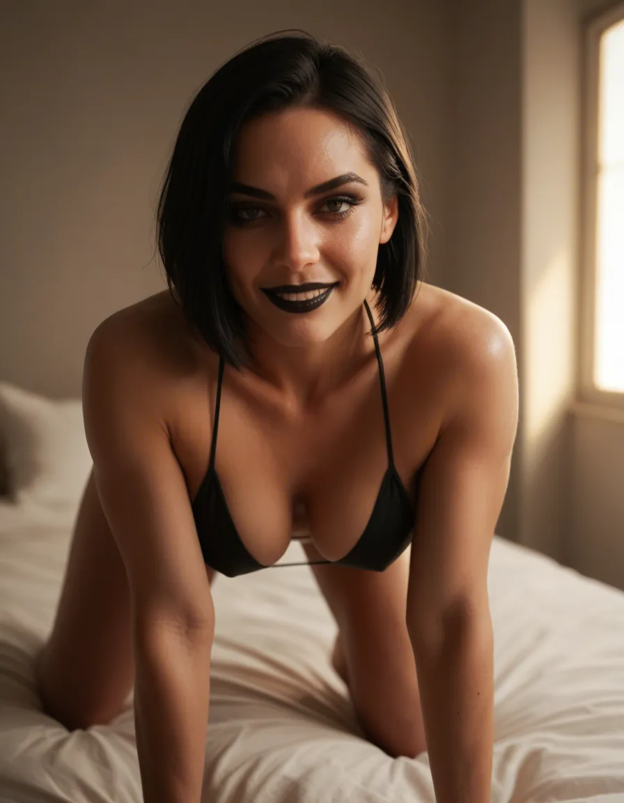 sexy, black hair, bob cut, black lips, medium_breasts, goth, smile, shiny black thong bikini, on all fours, on bed, score_9, score_8, cinematic film still, anamorphic, film grain, dramatic lighting, shallow depth of field