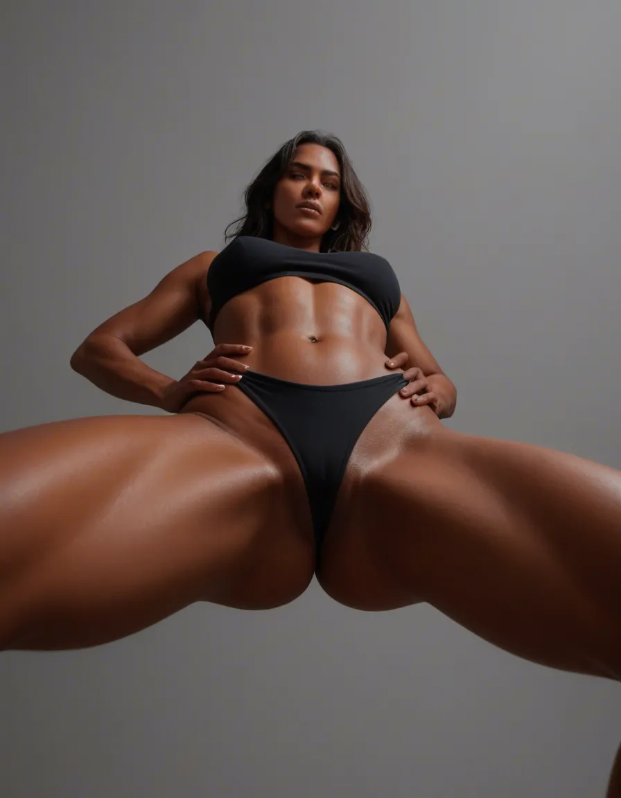 ultra HD, lifelike, from below, demon woman, spread legs, hand on own hip, grey background, dreamy atmosphere, lifelike render, score_9, score_8, candid photo, realistic skin texture, visible skin pores, film grain, depth of field