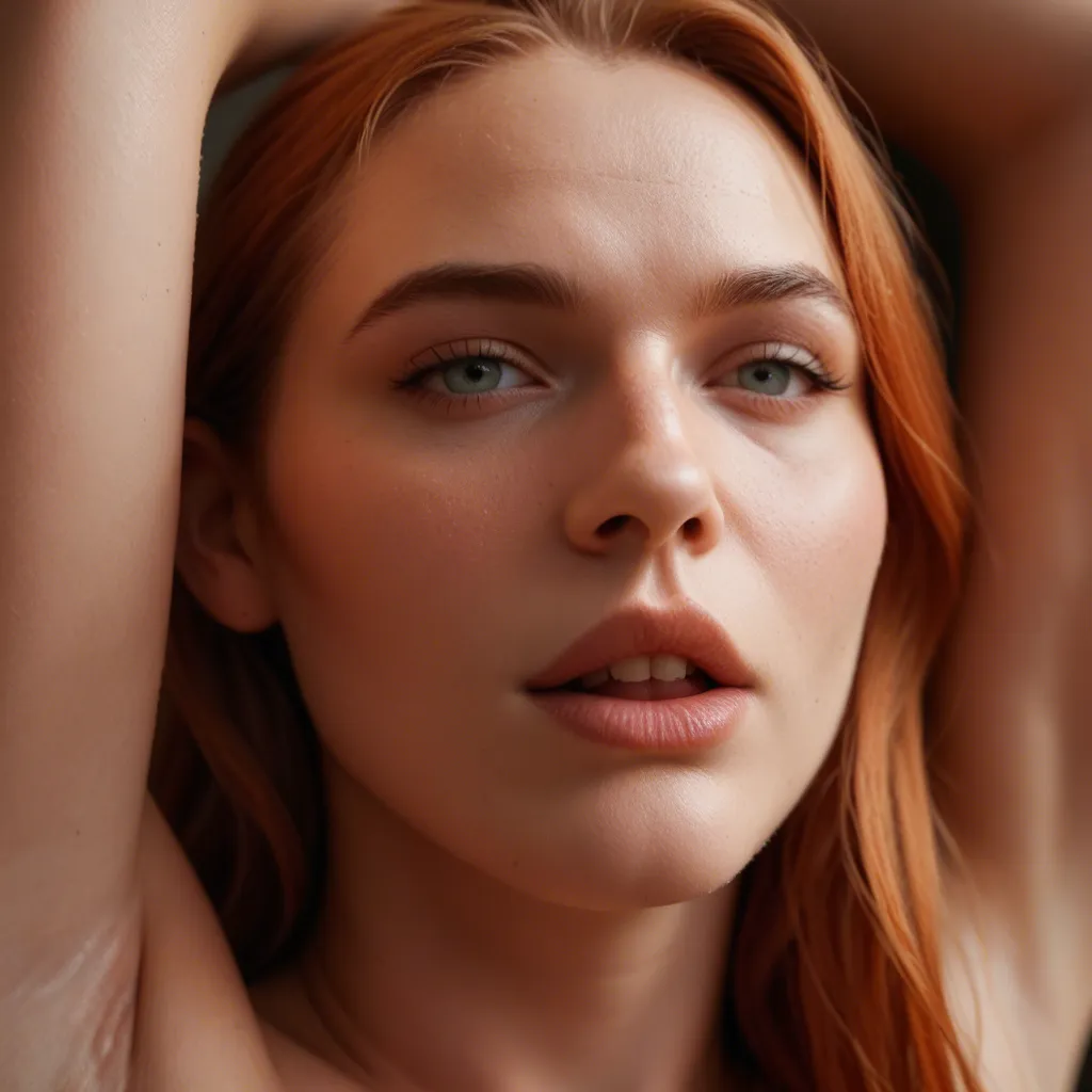 best quality, hyperrealistic, close-up,arching back, arms up, orgasm, thick ginger