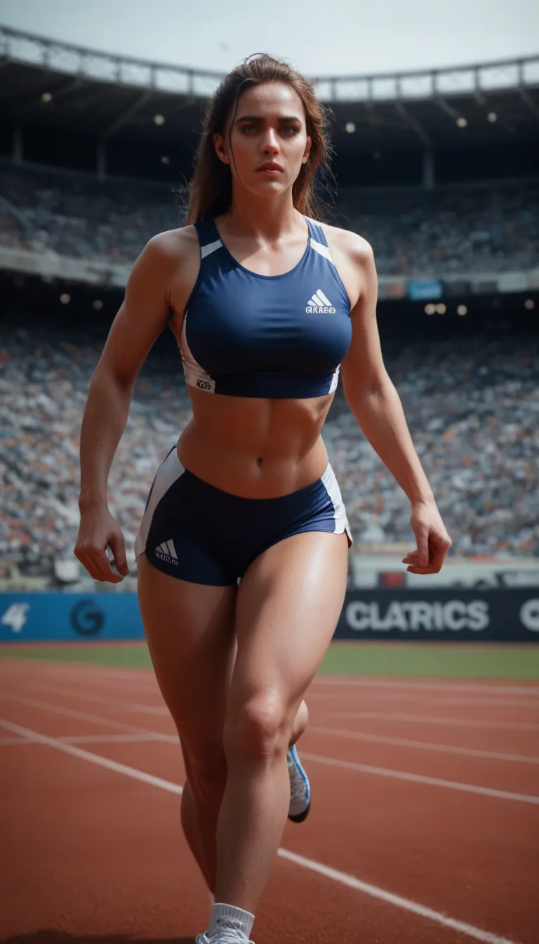 dslr, Olympics track female, with only her jersey on her tap half while naked on the bottom. Running mid race with the camera behind her in a huge stadium. Her ass cheeks are round while she is running mid stride. Her ass hole can be slightly seen since her legs are spread in stride while racing. Everyone else in the race behind her is looking just like this, but she is the focus