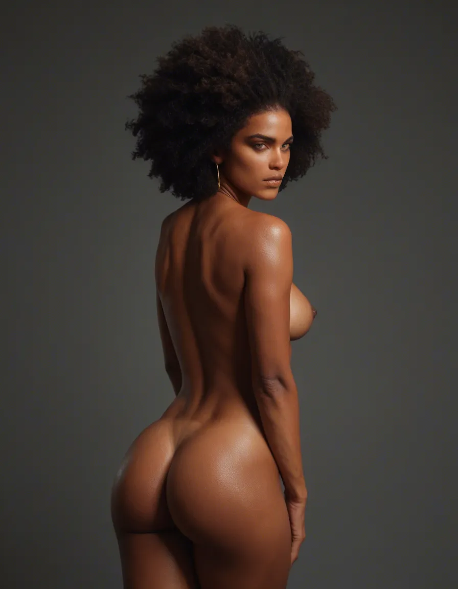Afro hair with Arabic color skin and big ass, score_9, score_8, candid photo, realistic skin texture, visible skin pores, film grain, depth of field