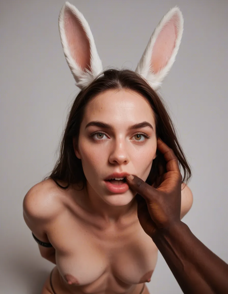 best quality, hyperrealistic, from above, bunny girl, bondage, dark-skinned male, transparent background, lifelike render, score_9, score_8, candid photo, realistic skin texture, visible skin pores, film grain, depth of field