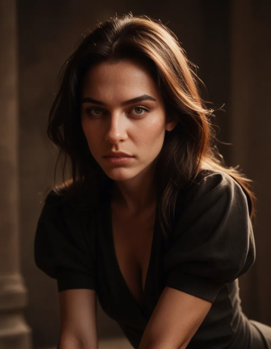 RAW photo, ultra realistic, witch, standing, puffy sleeves, leaning forward, fully nude, portrait, lifelike render, score_9, score_8, candid photo, realistic skin texture, visible skin pores, film grain, depth of field