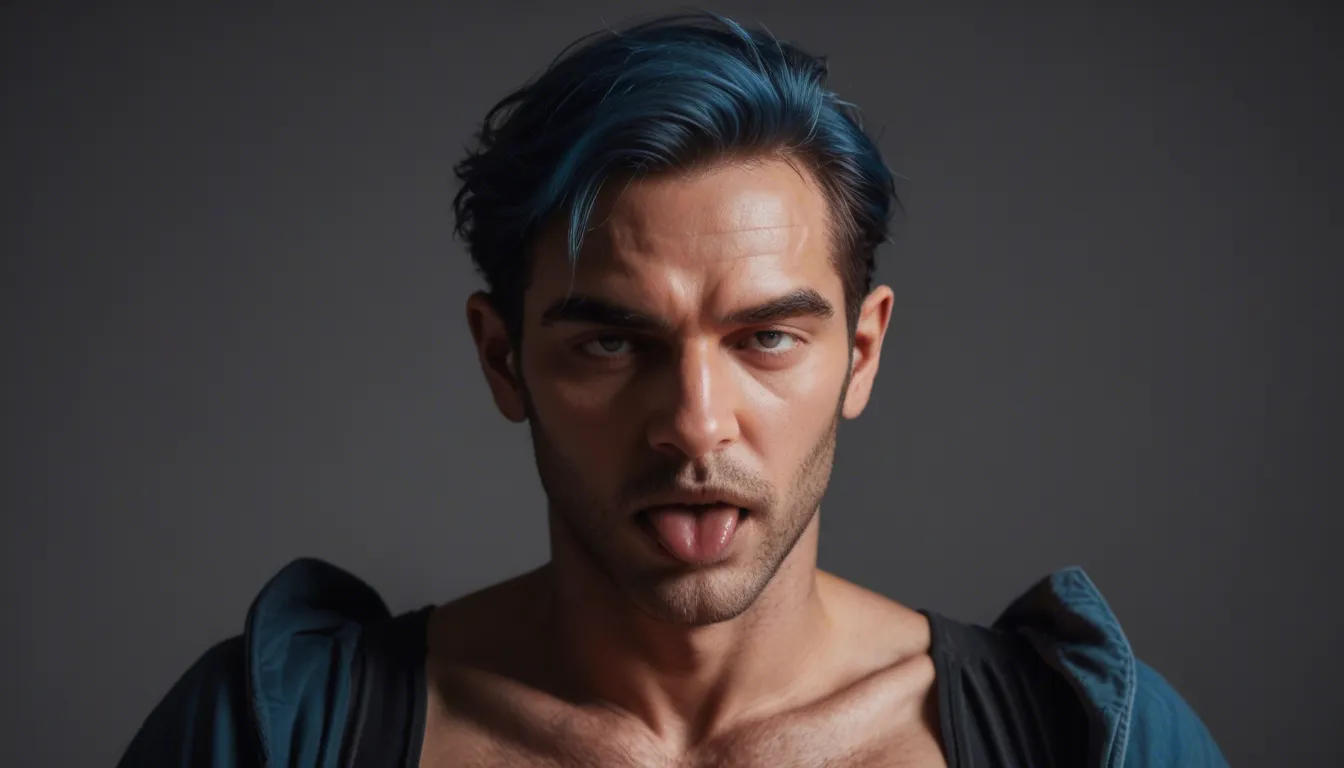 dslr, film grain, photorealistic, male focus, blue hair, puffy sleeves, ahegao, dramatic lighting, hyperrealistic, score_9, score_8, candid photo, realistic skin texture, visible skin pores, film grain, depth of field