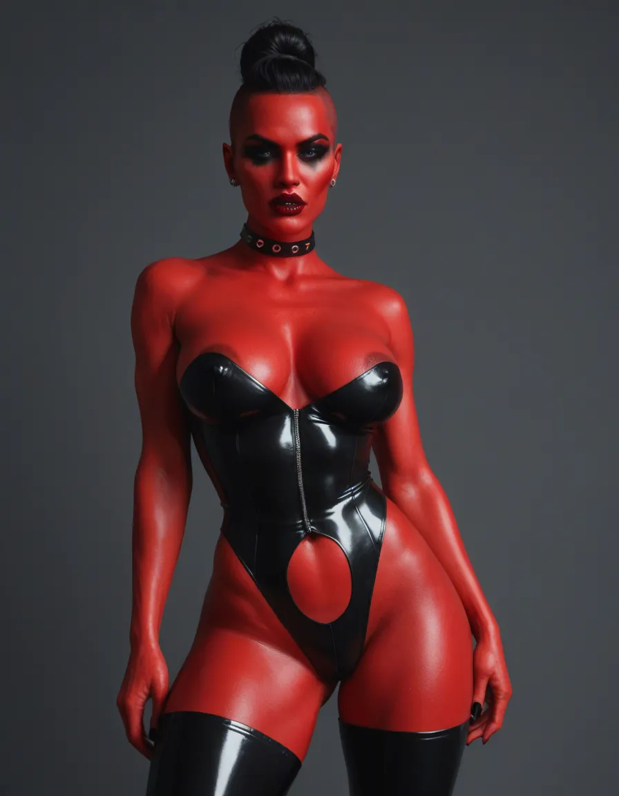 futanari, masterpiece, best quality, solo, 1woman, crimson lipstick, sharp eyeliner, smoky eyes, big lips, slick black hair tied back, futa, adult woman, domina, wearing sleek black latex with crimson accents, choker collar, high cut-outs reveal thighs, nipple cutout, penis cutout, nipple piercing, dim red and black lighting casting shadows on skin, soft glow from neon signs behind her back, playful smirk, looking at viewer, BREAK detailed leather textures contrasted by smooth latex, (black accessories, rings, bracelets), bokeh effect, depth in background, dynamic pose, conveying power, high resolution, detail enhancing, texture realism, inside, plush velvet seat, dark private BDSM club, (dynamic view, dynamic angle, dutch angle), from below, score_9, score_8, candid photo, realistic skin texture, visible skin pores, film grain, depth of field