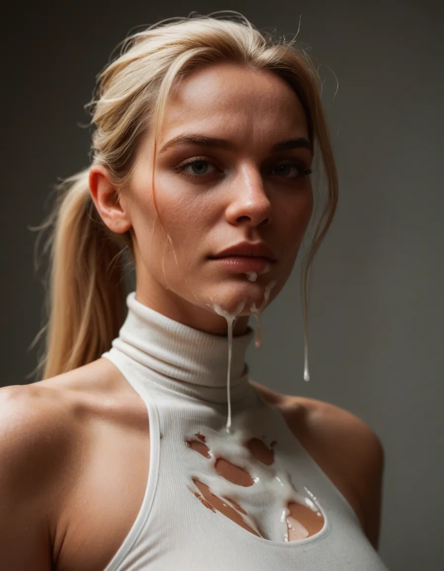 Blond ponytail knit turtleneck cum covered, score_9, score_8, candid photo, realistic skin texture, visible skin pores, film grain, depth of field