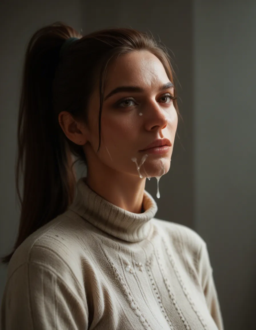Ponytail chunky thick sweater, cum on face long sleeve, score_9, score_8, candid photo, realistic skin texture, visible skin pores, film grain, depth of field