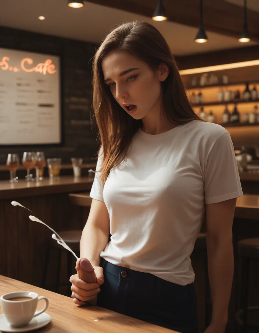 erection , masturbation , small erect penis , erection , ejaculation ,long brown hair, blue eyes, small face, in cafe, standing, leaning back on one hand, looking down, mouth open, hand on penis, masturbating, miniskirt, rounded breasts, no bra,, score_9, score_8, candid photo, realistic skin texture, visible skin pores, film grain, depth of field
