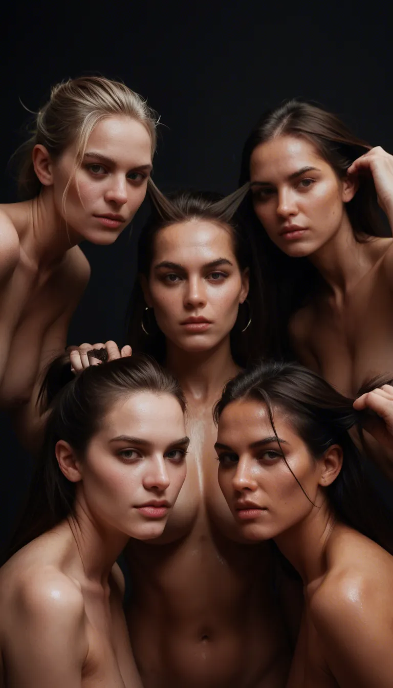 ultra HD, lifelike, 4women, hair pull, shiny skin, black background, photorealistic