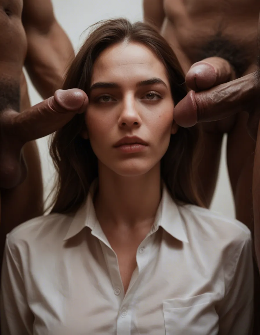 sharp focus, 8k uhd, 1woman, collared shirt, gangbang , photorealistic, score_9, score_8, candid photo, realistic skin texture, visible skin pores, film grain, depth of field