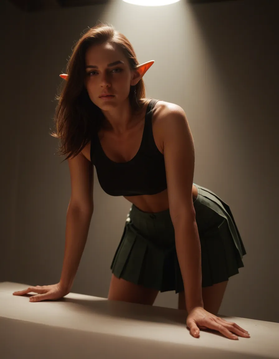 studio quality, sharp focus, elf girl, pleated skirt, bent over, spotlight, hyperrealistic, score_9, score_8, candid photo, realistic skin texture, visible skin pores, film grain, depth of field