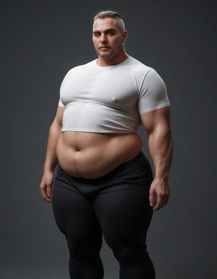 tall, heavyset man with an overweight build. His physique is characterized by a noticeable softness, featuring a prominent belly and distinct gynecomastia, which gives his chest rounded, feminine contours that are clearly visible through his clothes. Fat, has a large fat belly, massive fat plump, sagging and jiggle breasts, and a fat plump butt. Small penis, score_9, score_8, amateur photo, phone snapshot, realistic skin texture, skin blemishes, soft indoor lighting, score_9, score_8, candid photo, realistic skin texture, visible skin pores, film grain, depth of field